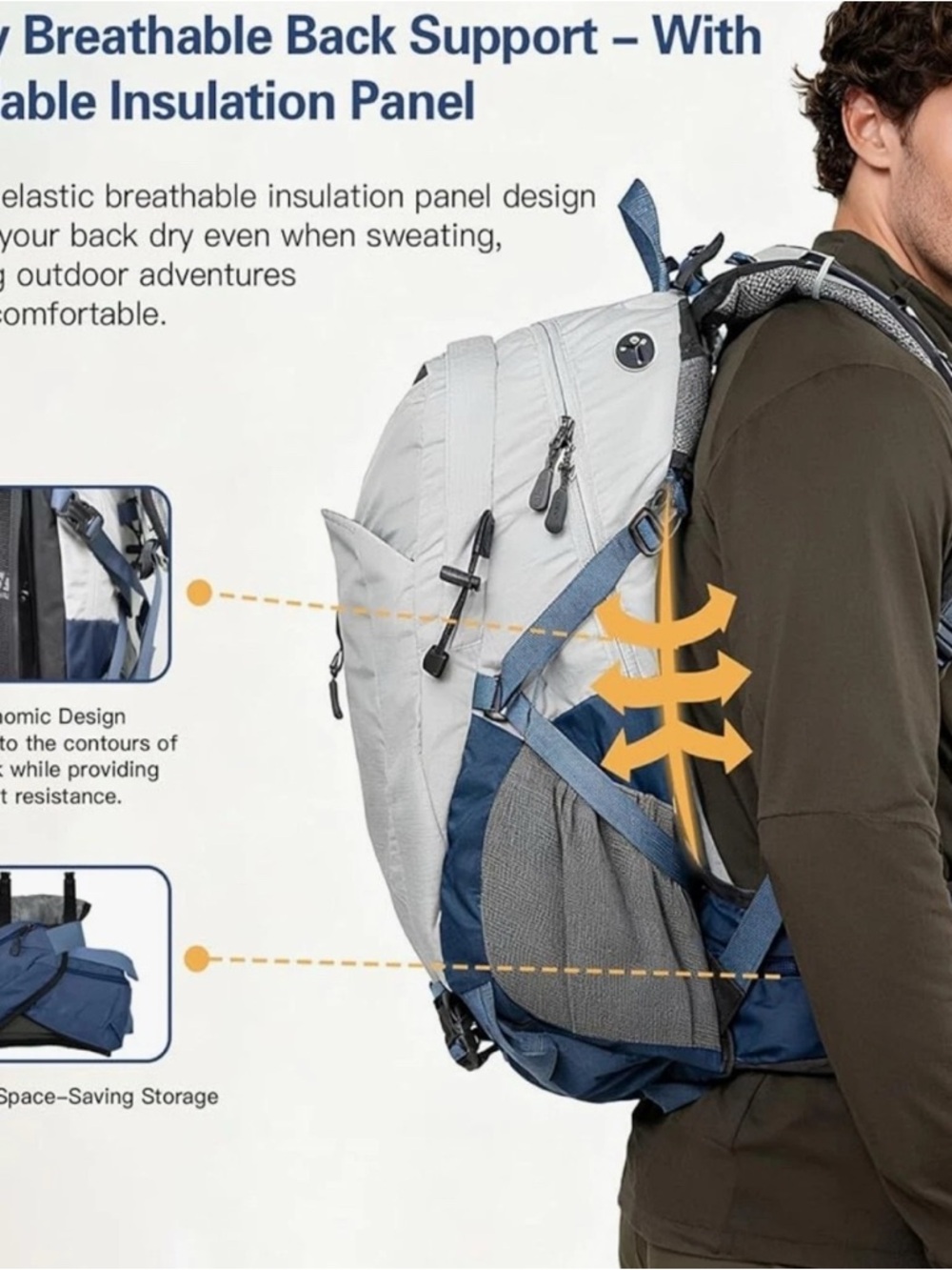 Farmer&Donkey Hiking Backpack, 40L Waterproof Camping Backpack Lightweight Grey - Picture 3 of 9